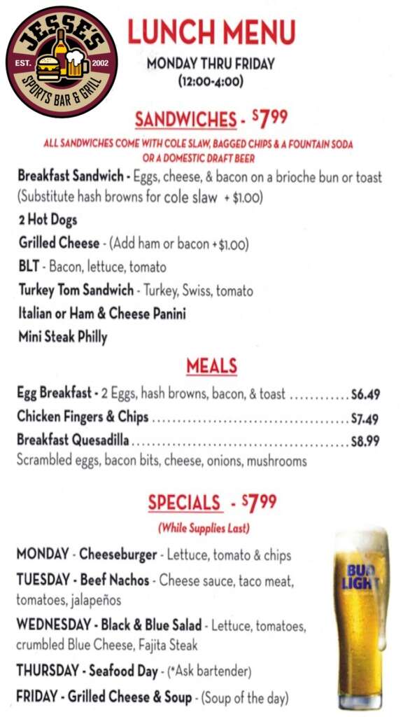 Lunch Menu at Jesse's Sports Bar