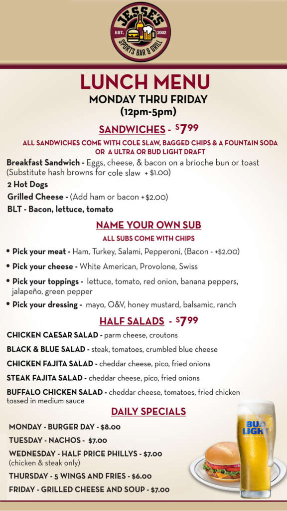 Lunch Menu at Jesse's Sports Bar