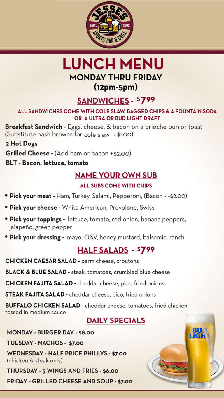 Weekday Lunch Specials at Jesse's Sports Bar & Grill - $7.99 Sandwiches and Half Salads