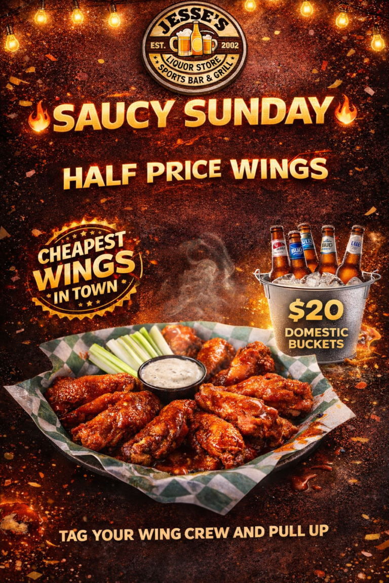 Sunday Specials at Jesses Sports Bar and Grill: Half Price Wings and $20 Domestic Buckets (Bud, Bud Light, and Miller).