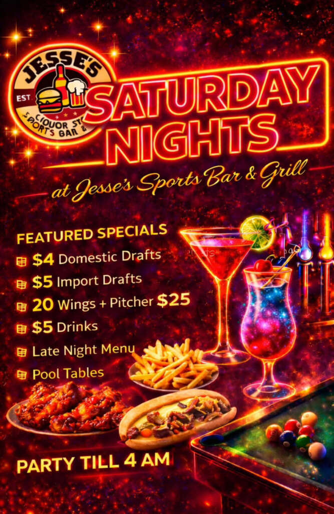 Saturday Specials at Jesses Sports Bar and Grill: $4 Domestic Drafts, $5 Import Drafts, and a Pitcher of Beer with 20 Wings for $26.