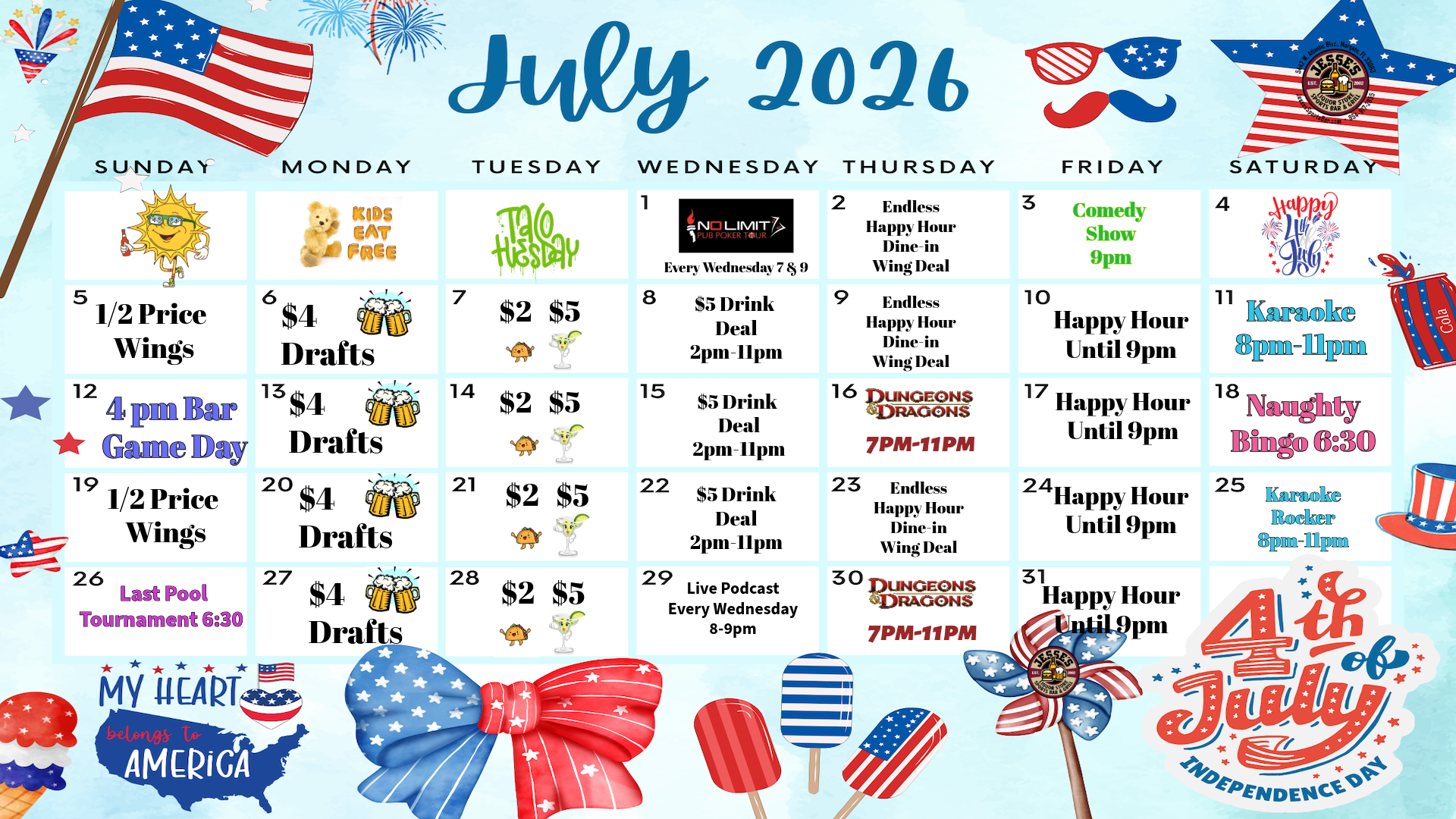 Monthly Events at Jesses Sports Bar & Grill
