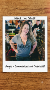 Angie, communications specialist… on the floor with guests