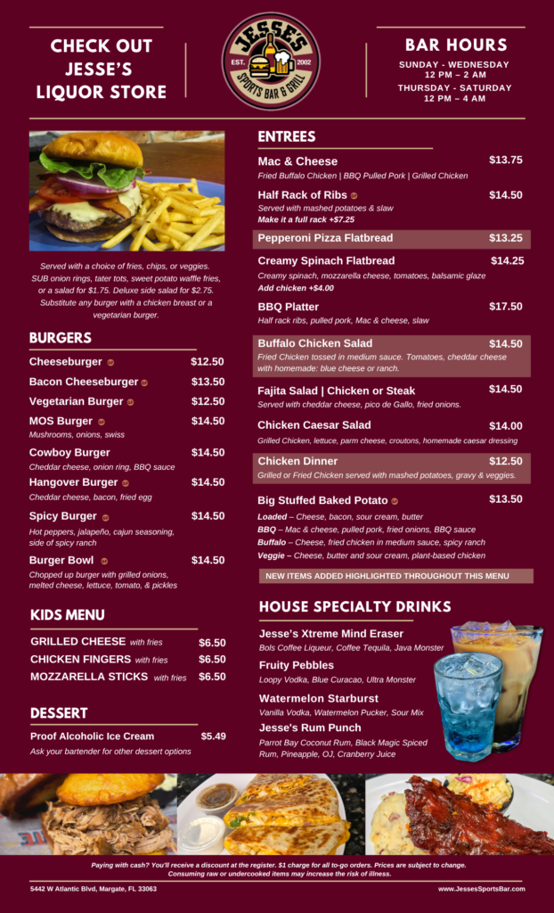 Jesse's Sports Bar & Grill Menu Page 2 - Burgers, Entrees, and Specialty Drinks